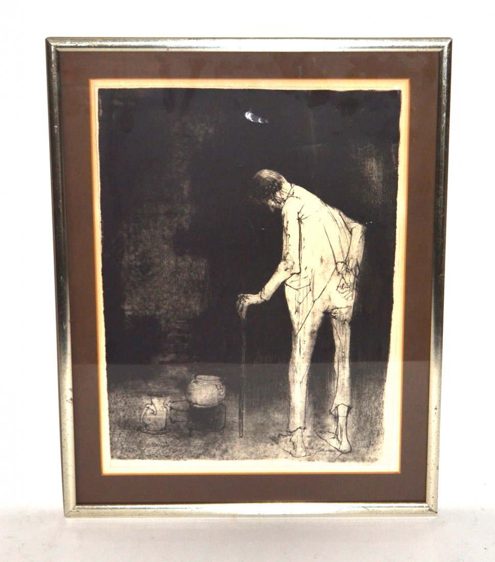 Jean Jansem Lithograph, 'Man with Cane': Inscribed on image at bottom left "Epreuve d'Artist" and signed at right "Jansem" in pencil. [Image 14 5/8" x 11". Frame 18 3/4" x 14 5/8"]. Very narrow margins and light toning.