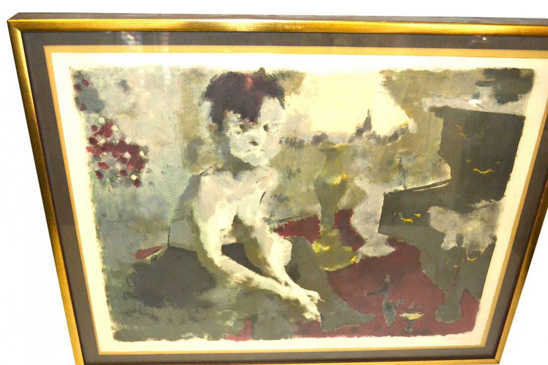 Jack Levine Lithograph, 'Blue Angel': Abstract composition with a young boy seated on the floor. Numbered "120/200" at bottom left margin and signed "J. Levine" at right. [Image 19 3/4" x 25 1/2" on larger sheet. Frame 25" x 31"].