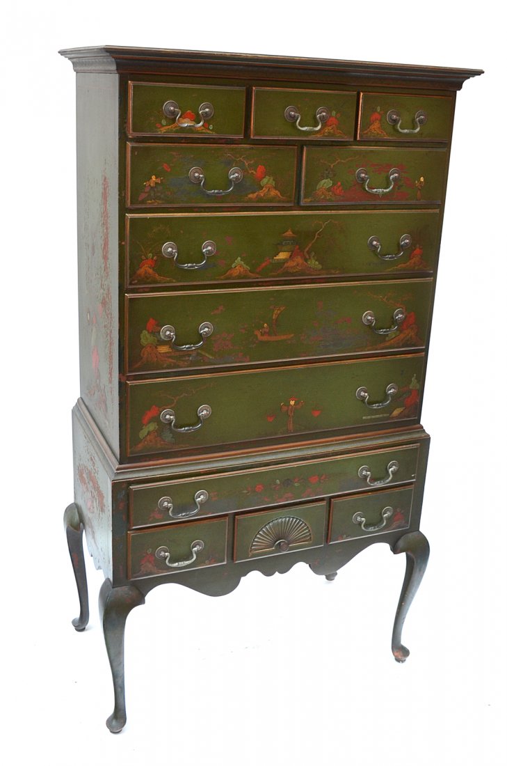 Chinoiserie Highboy: Chinoiserie decorated highboy. Overall good condition with some paint losses. 35 3/4" W x 19 " D x 66 1/2" H.