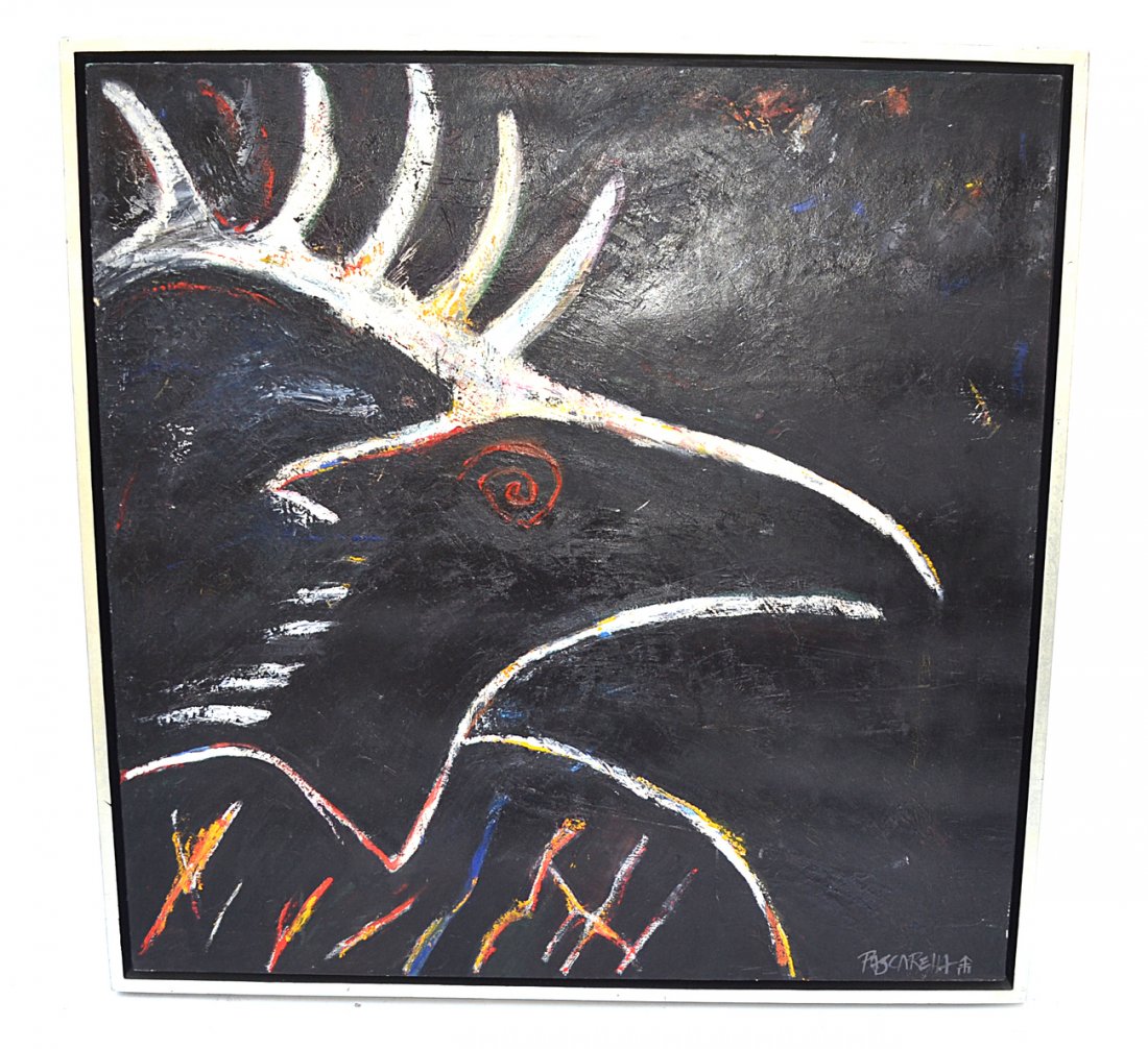 Tam Pascarella, "Peerman": Oil on canvas. Abstract tribal style composition. Signed bottom right "Pascarella" with a sign character. [Art: 48" square]. [Frame: 50 3/4" square]. Light craquelure and chips at edges.