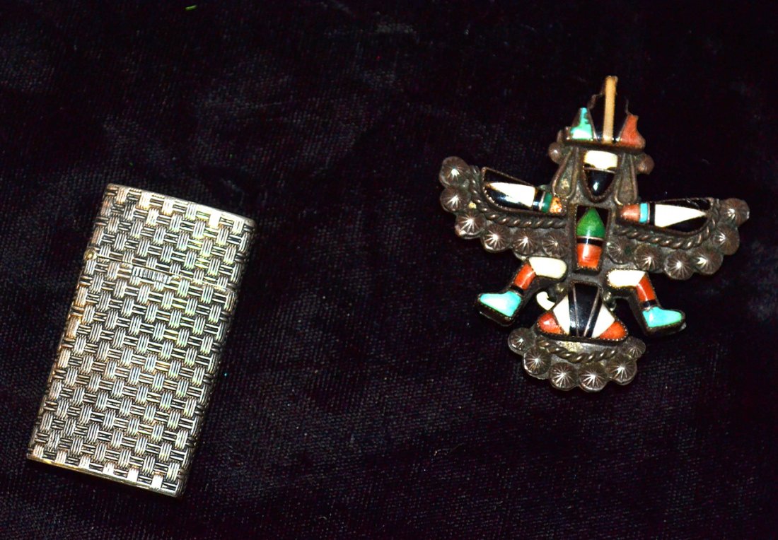 Vintage Tiffany & Co. Sterling Lighter and Other: Lighter with "woven" texture case. [1 1/8" W x 1/2" D x 2 1/8" H]. Accompanied by a Native American hardstone bolla with a bird and man design. [2 3/8" H]. Missing one stone.