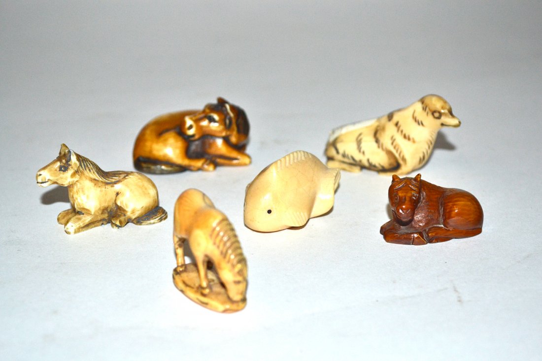 Vintage Netsukes, Animals: Comprises: 4 horses, seal, and a fish. Tallest 1 1/4 H. Some bear calligraphic inscriptions on bottom. 6 items total.