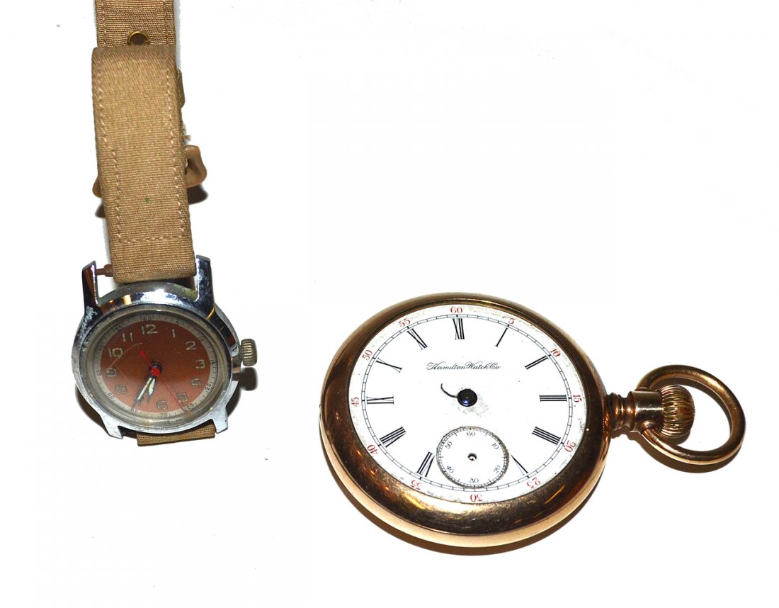 Hamilton Pocket Watch and Other: Hamilton 17 jewel 14K gold filled pocket watch. Sold as is. Accompanied by a vintage Swiss made men's wrist watch. Neither tested, both sold together as is.