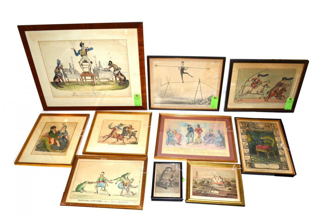 Ten Assorted Framed Antique Prints: Satirical and others. Comprises 1) "Mr. Williams the Clown" 2) "Mr. Edward Bright..." 3) Courting Couple by Crukshank 4) "Knights View in the Cirt Road" 5) "Grimaldi's Leap Frog 6) "General Tom Thumb"