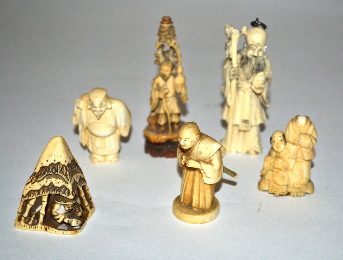 Vintage Netsukes, Scholars: Comprises six figures in various poses (one missing head). Tallest 3 1/16" H. Conditions vary.