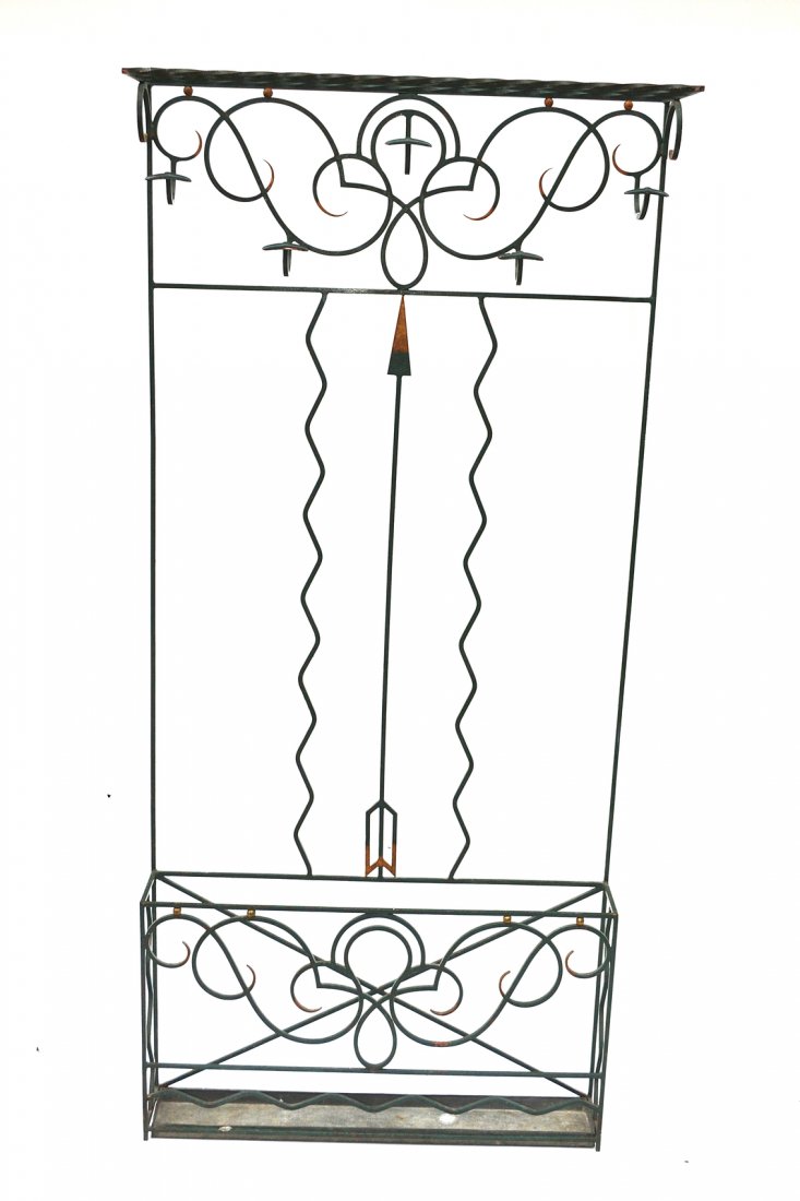 French Art Deco Hall Stand: Green painted iron with gilt highlights with hat rack, 5 coat hooks, and an umbrella stand. Requires small restoration. [70 1/2" x 32" x 5 1/2"].