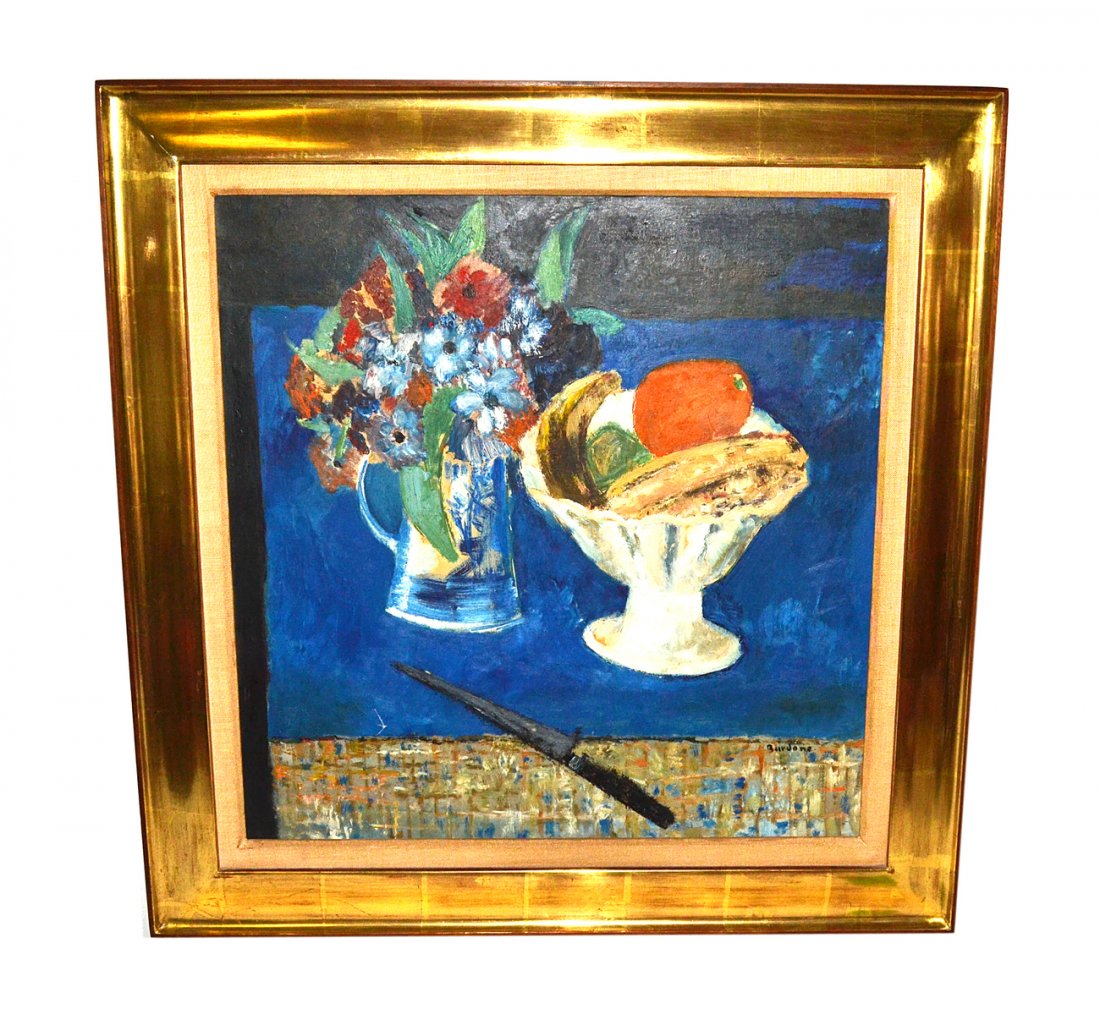 Guy Bardone Oil on Canvas "Still Life": Still life with floral bouquet and fruit. Signed lower right "Bardone". [Art 20" x 19". Frame 26 1/2" x 26"]. Bears a 1" puncture at lower left against a blue background, otherwise good condition.