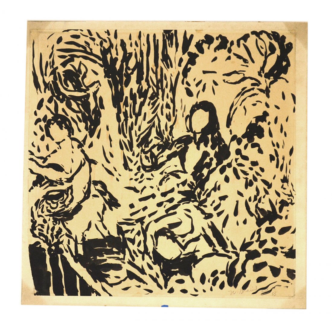 Nell Blair Walden Blaine, Ink&Brush Landscape: Abstract composition depicting two figures against an undulating and whirling background. Signed bottom right "N. Blaine/Oct. 53". Art [17 3/4" x 17 5/8"] on conforming sheet glued down to mount. [19"