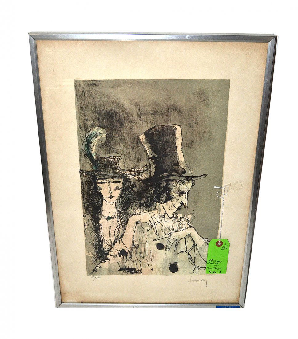 Jean Jansem, Lithograph - Clown and Woman: Stylized depiction of a clown in top hat with women behind. Numbered and signed in bottom margin "12/175 Jansem" Art [15 3/4" x 10 1/4"] on larger sheet. Frame [21 7/8" x 15 1/2"]. Some age toning.