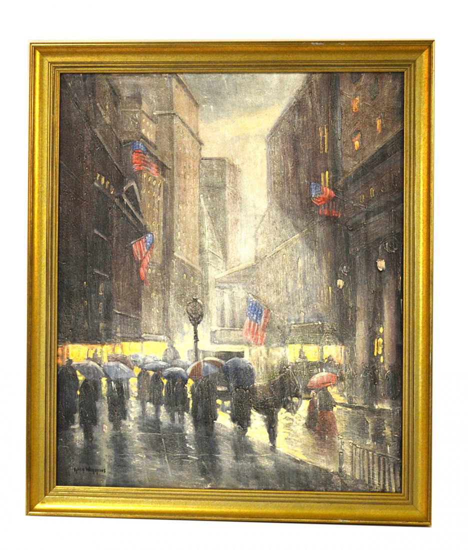 After Guy Wiggins, Oil on Canvas - Wall Street: Stylized depiction of Wall Street with figures in a rain storm at dusk. Signed bottom left "Guy Wiggins". Art [23 1/2" x 19 3/4"]. Frame [27 1/4" x 23 1/4"]. In good condition.