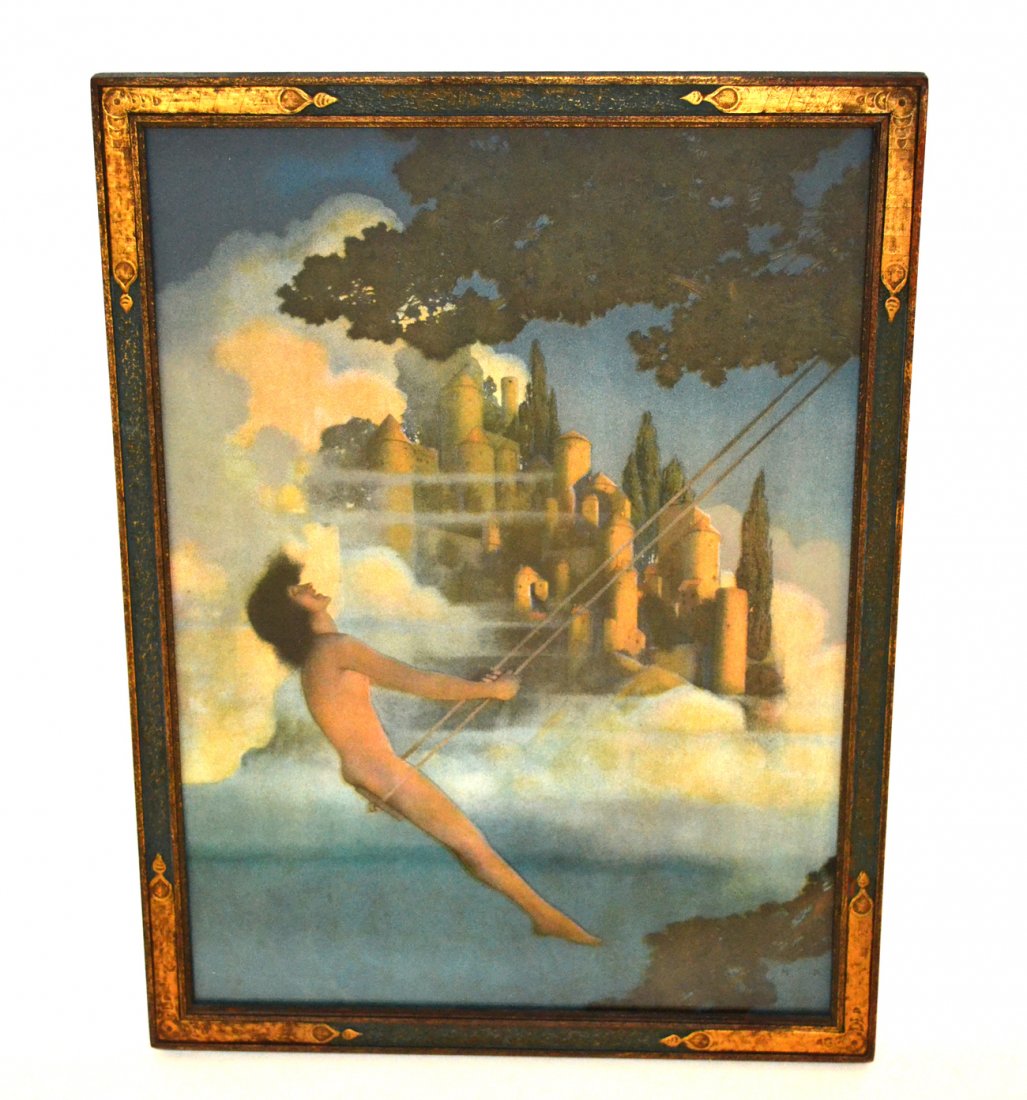 Maxfield Parrish Print: Framed and matted under glass. "Lady on Swing". [14" x 11"]. [Frame 16" x 12"]. Good condition. Original frame gold leaf and painted.