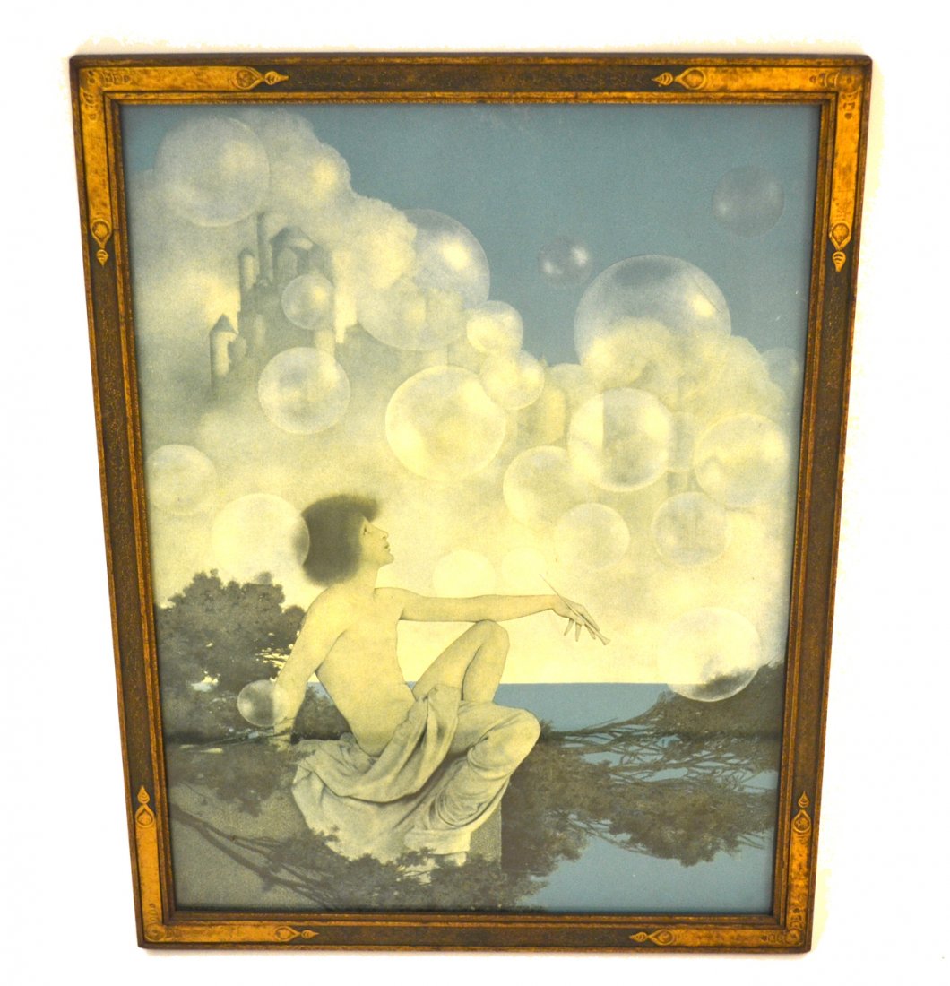 Maxfield Parrish Print: Framed and matted under glass. Depicting a male nude atop a rock. Original frame gold and painted.