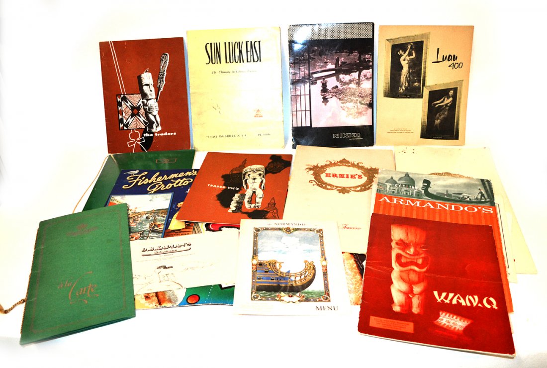 Lot of Vintage Menus: Includes S.S. Normandy, Grand Hotel Stockholm, Trader Vics, D.B. Kaplan's Delicatessen, Ernie's San Francisco, Paolis Paoli, Transatlantique, Dale's Los Angeles, Nikko, Son Luck East and Jack and Mori