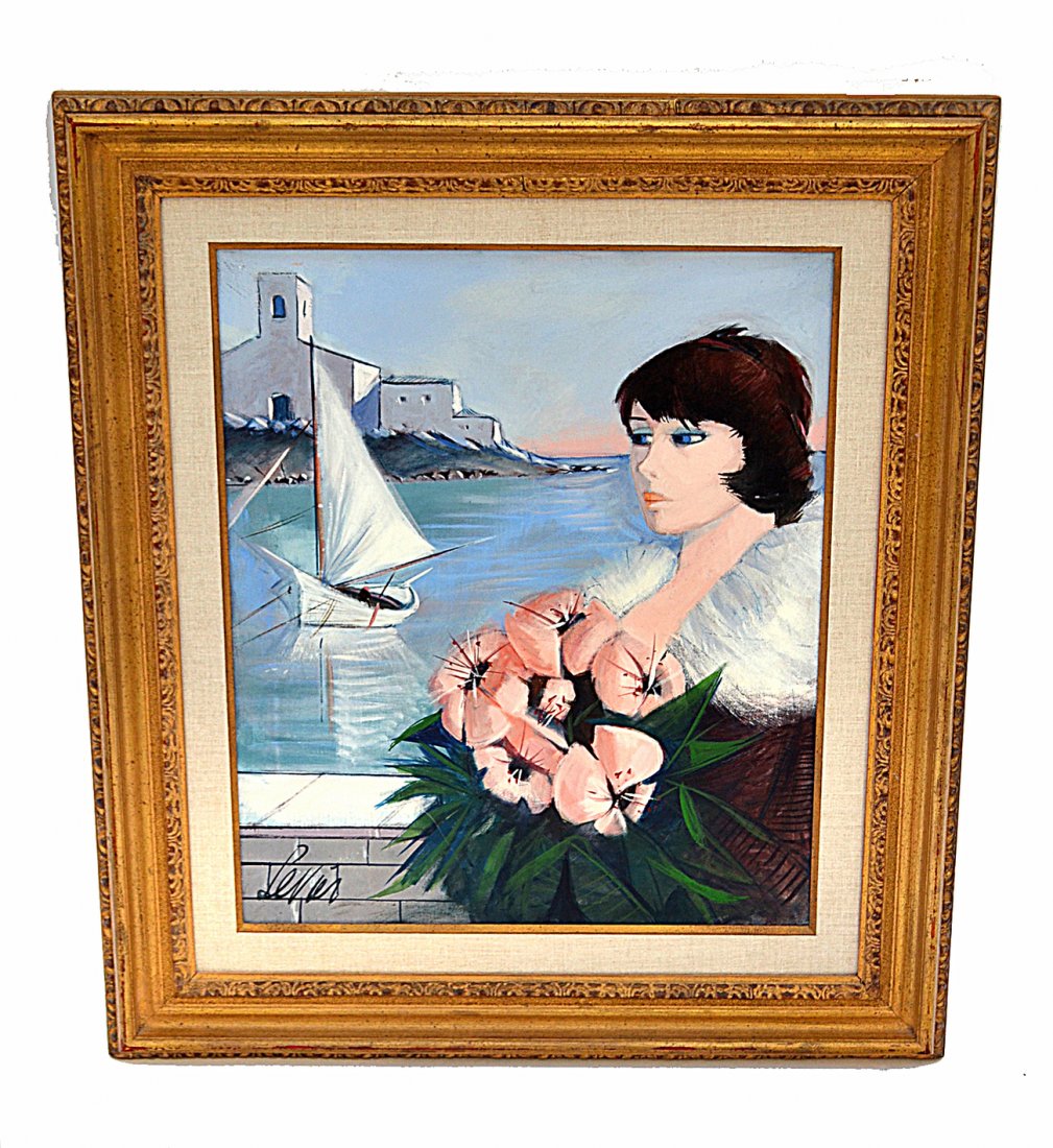 Charles Levier, Oil on Canvas- Woman with Flowers: Stylized depiction of a woman in 3/4 profile holding a bouquet with harbor scene background. Signed bottom left "Levier" and again on verso with inscription "J. Lille Aux Fleurs". [Art: 23 1/2"H x 19