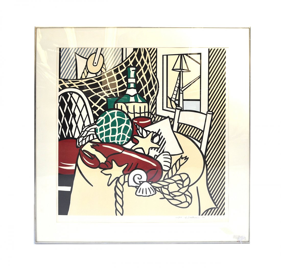 Roy Lichtenstein Lithograph and Screenprint: "Still Life with Lobster". Bold graphic from the artist's "Six Still Lives" series. Signed, dated and numbered in pencil at bottom right margin "22/100 Roy Lichtenstein '74". Colors slightly attenuate