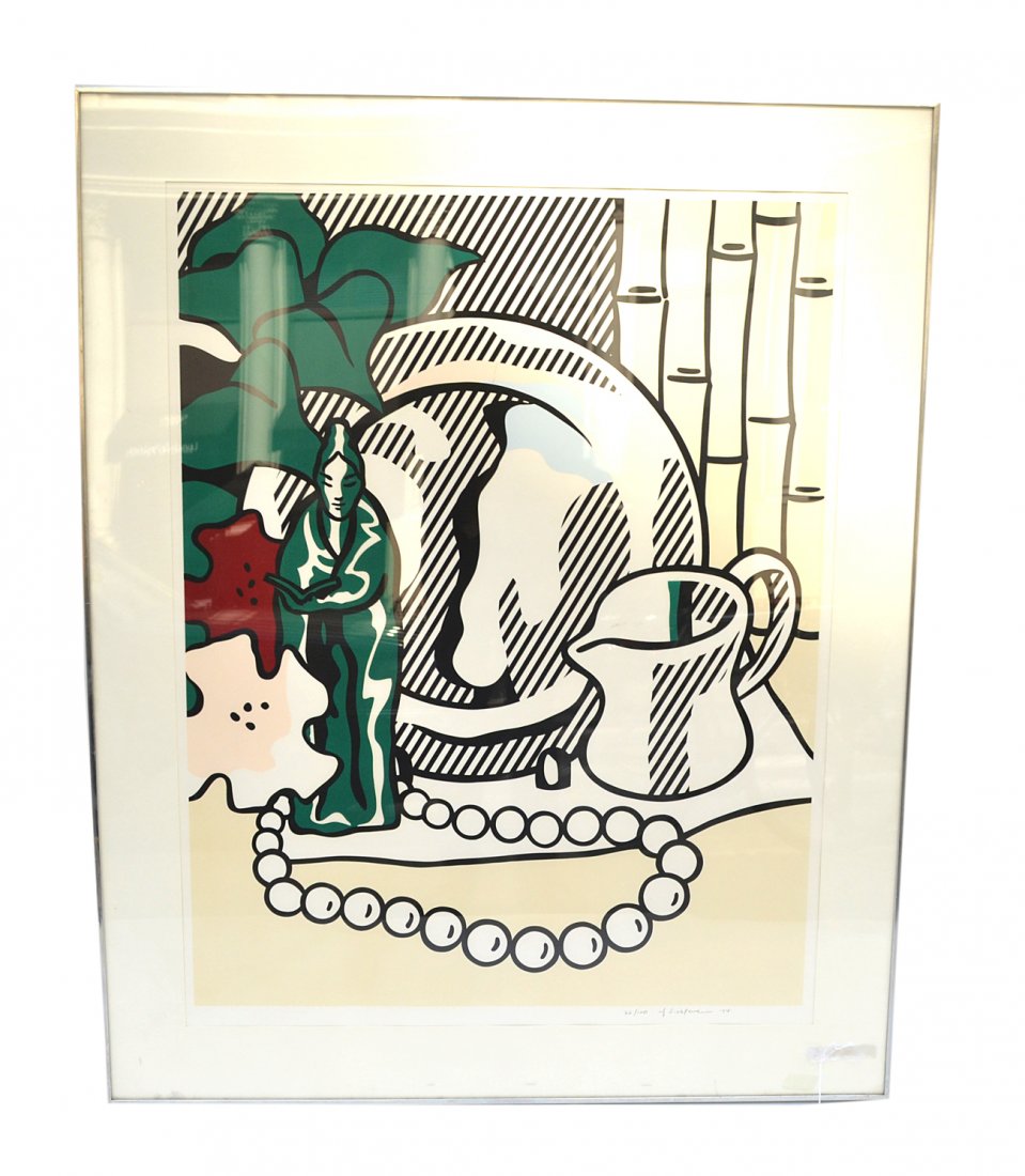 Roy Lichtenstein Lithograph and Screenprint: "Still Life with Figurine". Bold graphic from the artist's "Six Still Lives" series. Signed, dated and numbered in pencil at bottom right margin "22/100 Roy Lichtenstein '74". Fading to yellow (typica