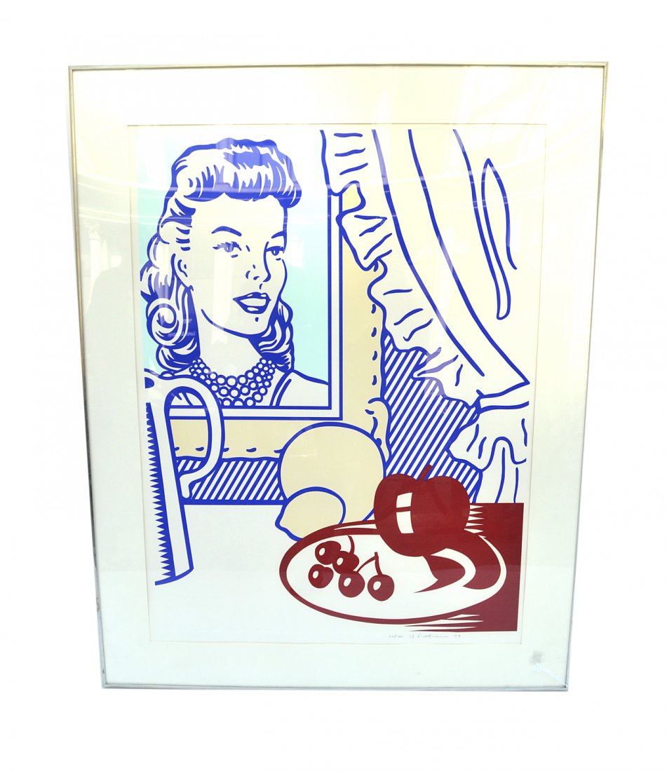 Roy Lichtenstein Lithograph and Screenprint: "Still Life with Portrait". Bold graphic from the artist's "Six Still Lives" series. Signed, dated and numbered "22/100 Roy Lichtenstein '74". Fading to yellow (typical for this edition". [Art 39" x 3