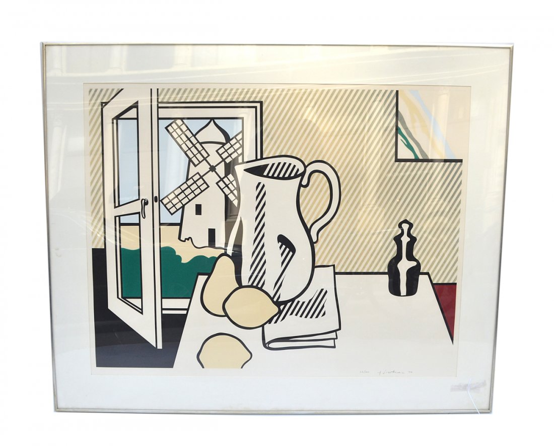 Roy Lichtenstein Lithograph and Screenprint: "Still Life with Windmill". Bold graphic from the artist's "Six Still Lives" series. Signed, dated and numbered "22/100 Roy Lichtenstein '74" in pencil at right bottom margin. Fading to yellow (typica