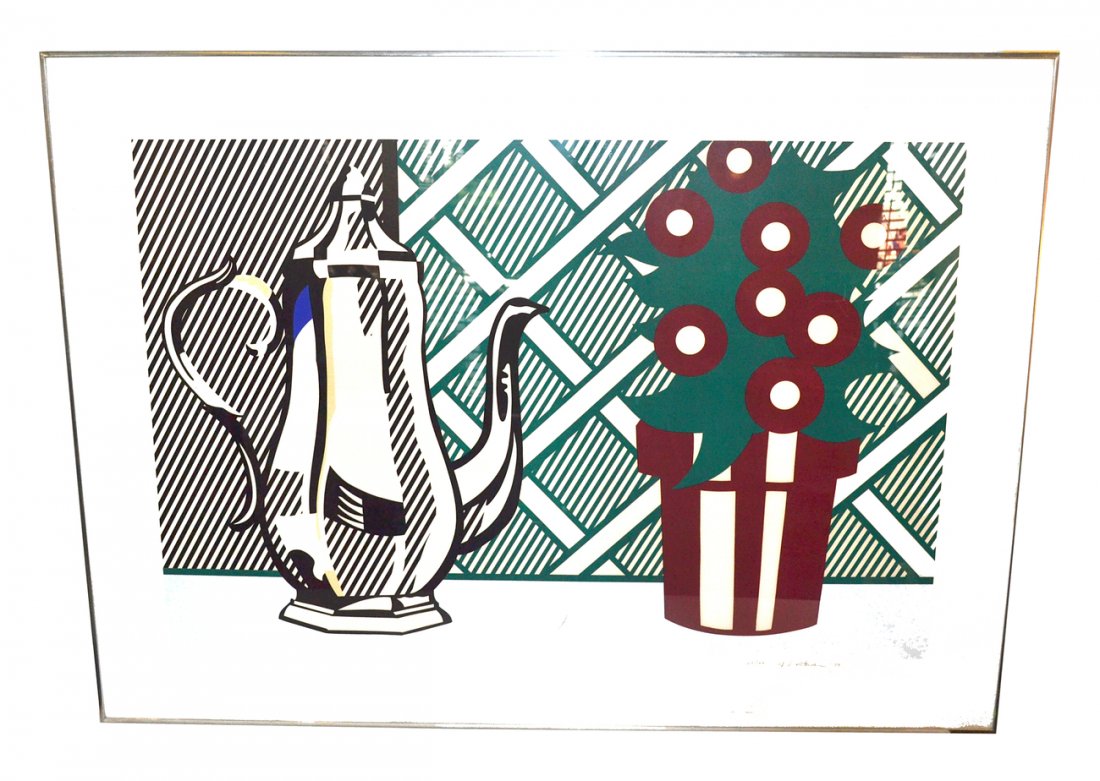 Roy Lichtenstein Lithograph and Screenprint: Bold graphic from the artist's "Six Still Lives" series. Signed, dated and numbered in pencil at bottom right margin "22/100 Roy Lichtenstein '74". Fading to yellow (typical for this edition). [Art 30