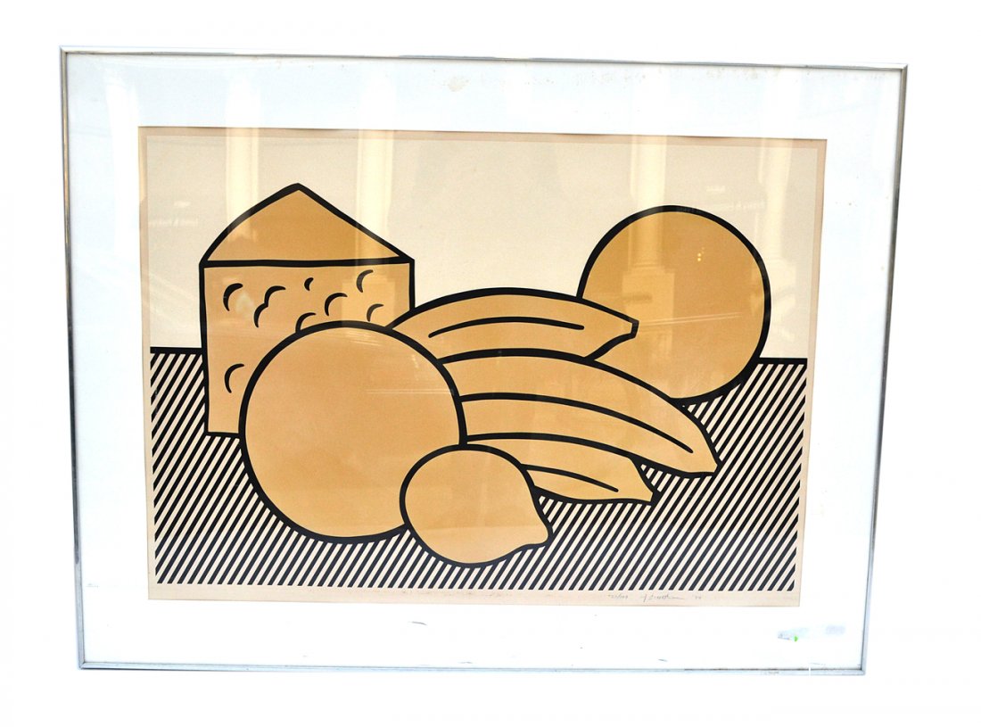 Roy Lichtenstein Lithograph and Screenprint: "Yellow Still Life". Bold graphic from the artist's "Six Still Lives" series. Signed, dated and numbered in pencil at bottom right margin "22/100 Roy Lichtenstein '74". Yellow has faded to a tan with