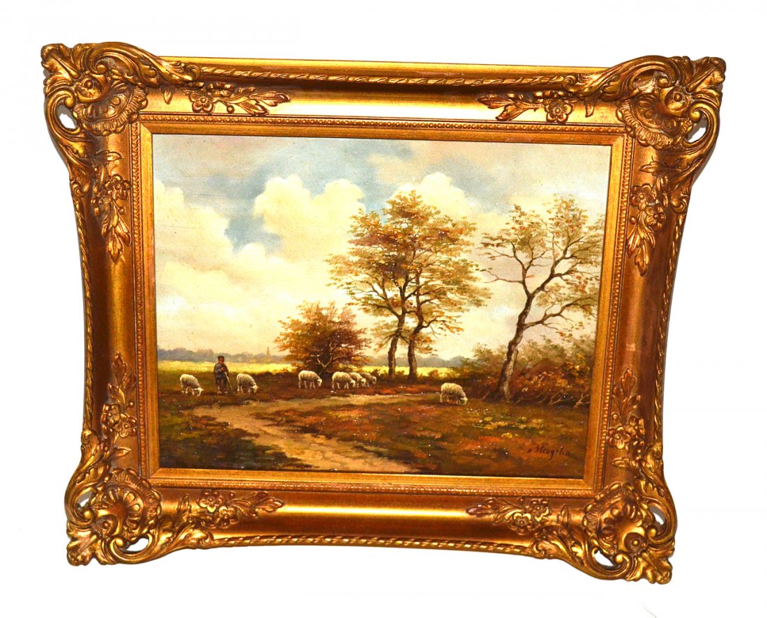 Alphonse Sengelin, Oil on Canvas - "Landscape...": "Landscape with Sheep". Depicting a pastoral scene with a shepherd tending to his sheep. Signed "A. Stengelin" back right. Art [11 1/2" x 10"]. Frame [14 1/2" x 12"]. Good condition.