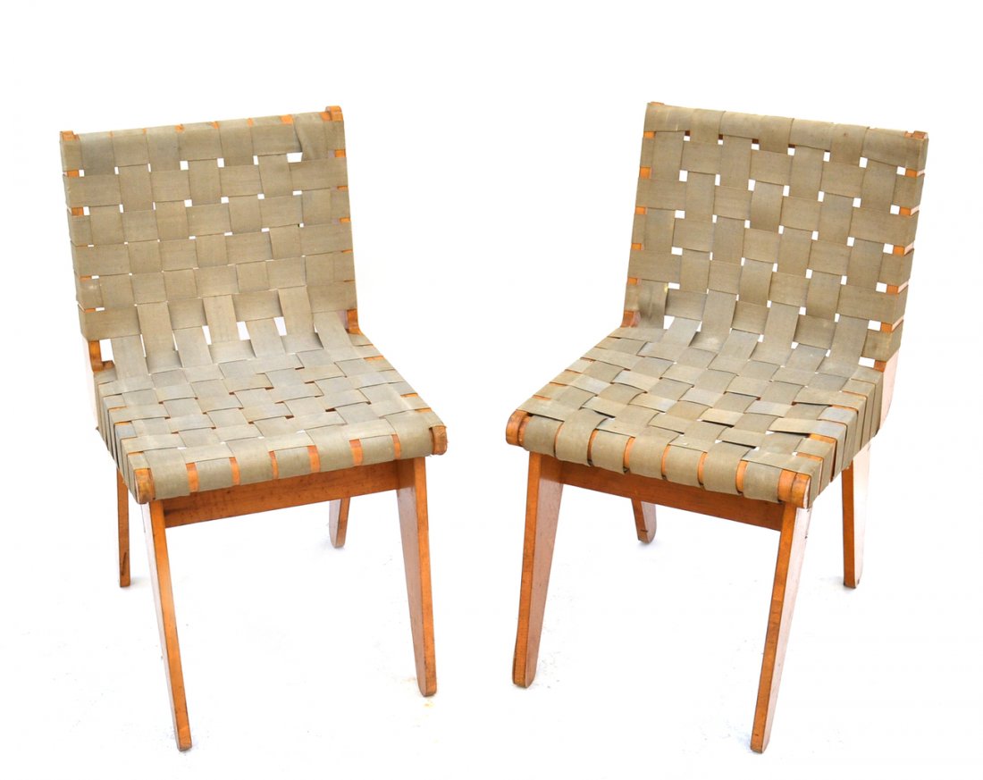 Pair of Klaus Grabe Chairs: Retaining original blue webbing. Circa 1950.