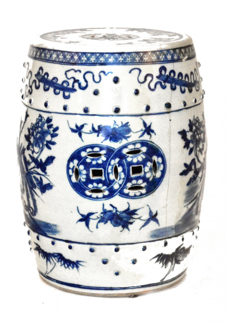 Blue and White Garden Seat: Chinese antique blue and white decorated garden scene. As is. [12" D x 18" H].