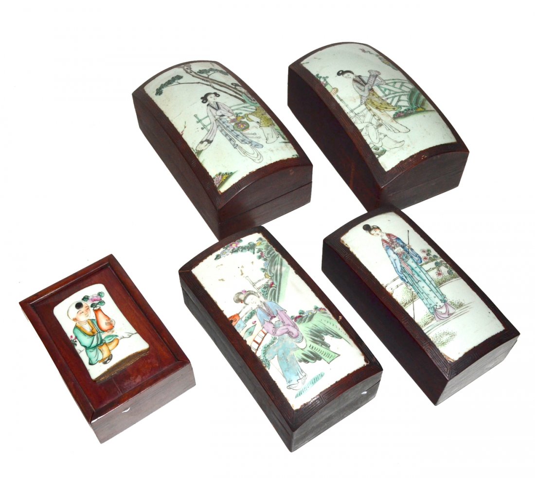 5 Chinese Boxes: Set of 4 wood and porcelain inset covered boxes with scenes of women in garden, together with another figural decorated wood and porcelain box. Overall good condition [8 1/2" x 4 1/2" x 3" H] largest.
