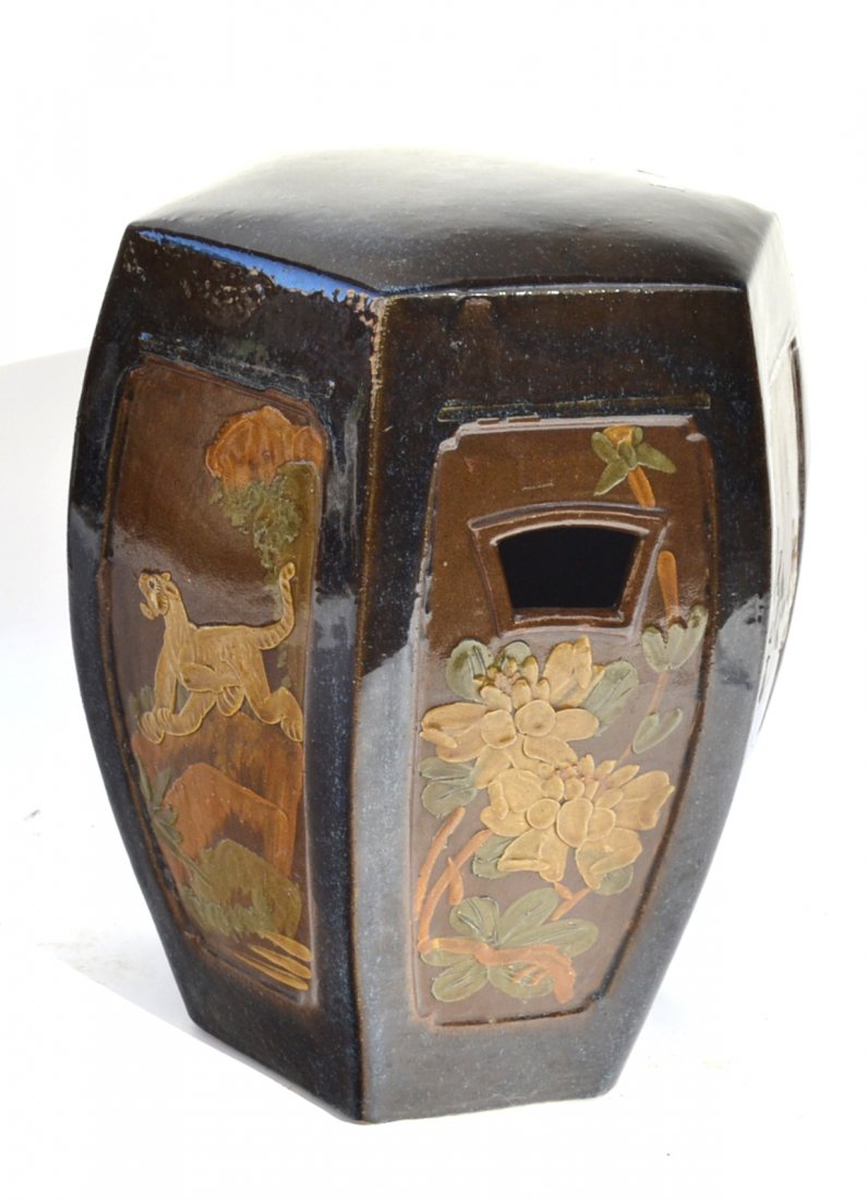 Chinese Garden Seat: Hexagonal animal and landscape design garden seat. In good condition. [15" Dia x 19" H].