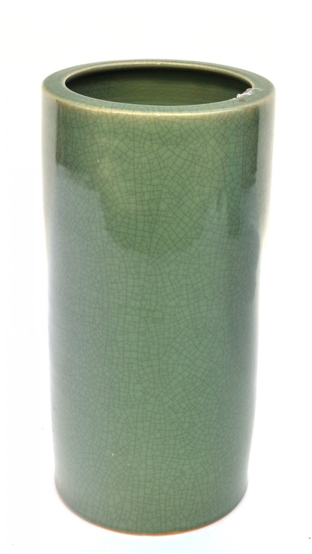 Celadon Umbrella Stand: Green crackleware umbrella stand. In good condition. [9" Dia x 18" H].