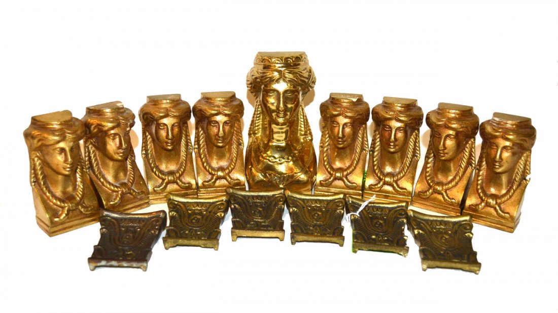Group of Bronze Appliques: Group of 15 bronze mounts including six acanthus capitals, eight heads and a head, etc.