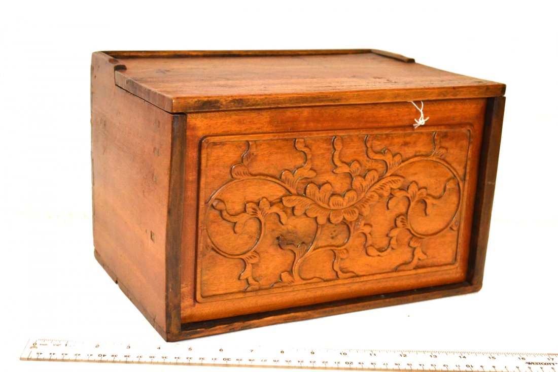 Asian Carved Marble Travel Chest: Bears hinged lid and sliding front panel concealing three drawers, [13 1/4" W x 9" D x 8 1/2" H]. Complete