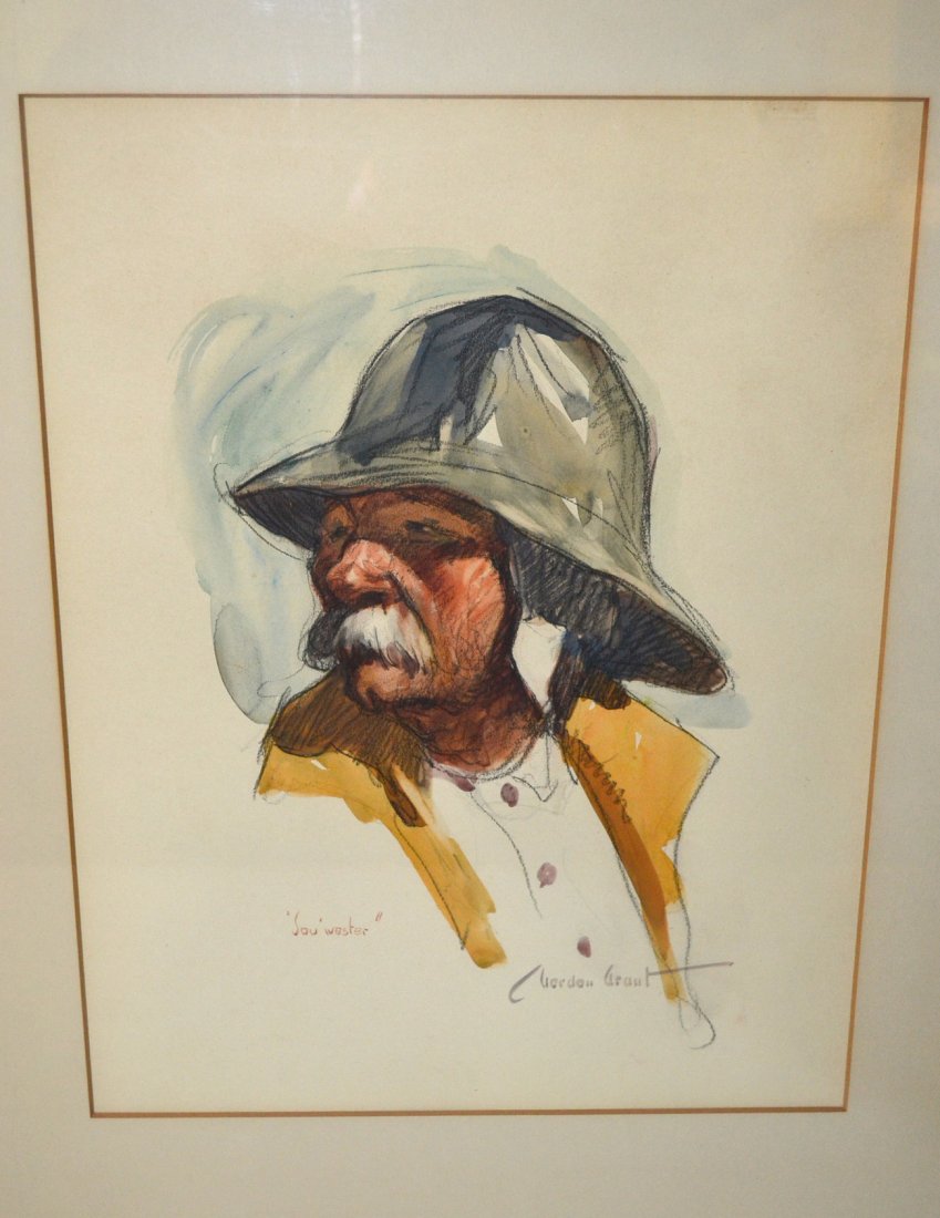 Gordon Grant, Watercolor & Graphite -"Sou' Wester": Bust-length 3/4 profile depiction of an old mariner with fisherman's hat. Signed bottom right "Gordon Grant". Image [10 1/2" x 7 1/2"] on larger sheet. Matted and contained under glass in a mahogany f