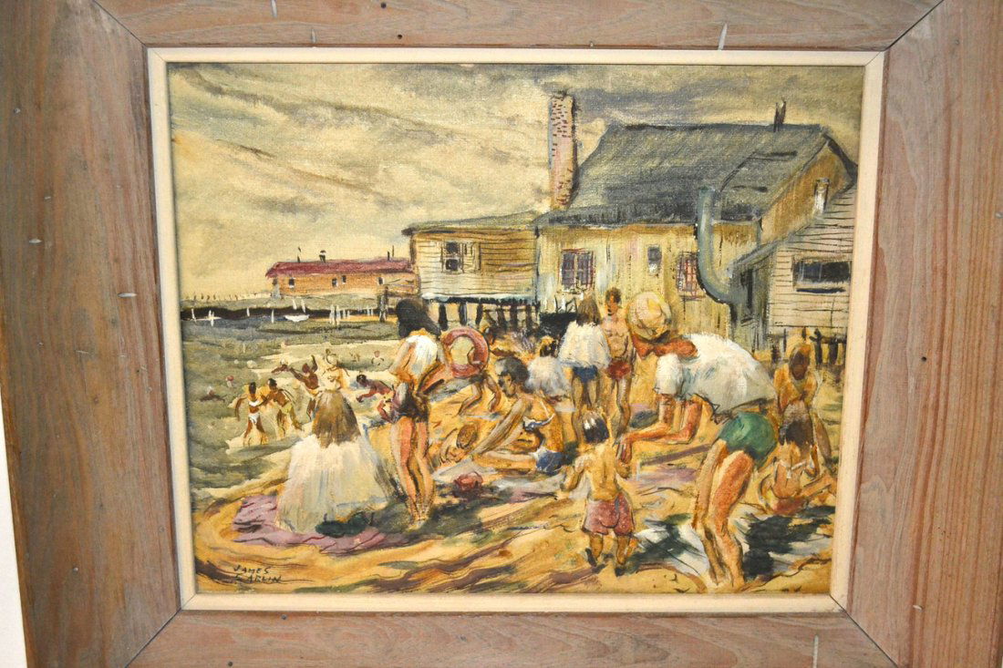 James Carlin, Oil on Canvas - "Midsummer": Social realist composition depicting people at the beach beside fisherman shacks under cloudy skies. Signed bottom left "James Carlin". Titled on verso and signed again "James Carlin/Newark" Image [13