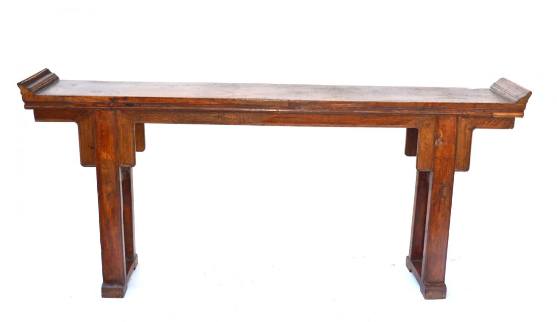 Vintage Chinese Altar Table: Bears wide apron supports and flared accents at either side. [80" W x 13" D x 36 5/8" H]. Wear consistent with age and use, otherwise complete.