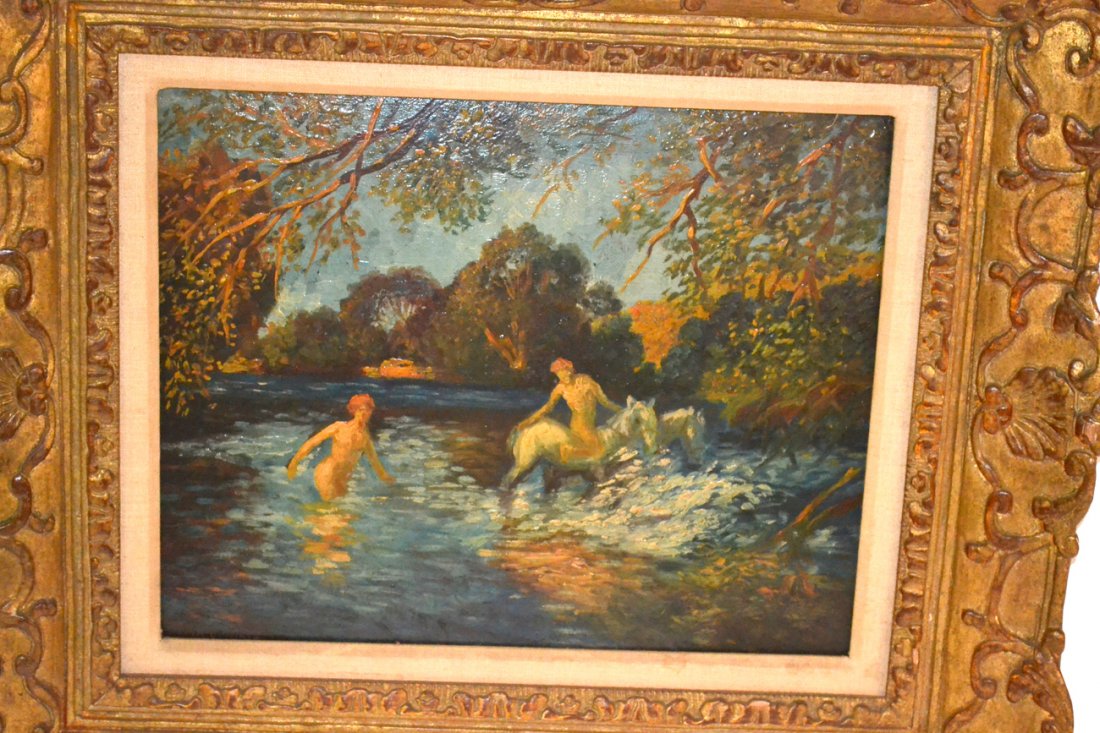 Lovis Corinth "Figures in a Stream on Horseback": Oil on canvas depicting a nude male and female on horseback in a stream. Signed "Lovis Corinth" bottom left corner. [Art 16 1/4" x 12". Frame 24 1/4" x 21"].