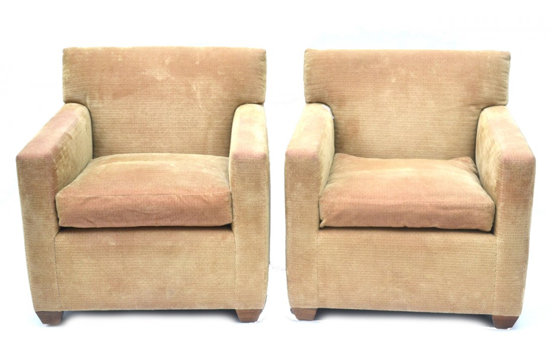 Pair of Agnes Martin Club Chairs: Nubby upholstered club chairs on tapered walnut feet. [33 1/2" w x 34 1/2" x 35" h]. Good condition.