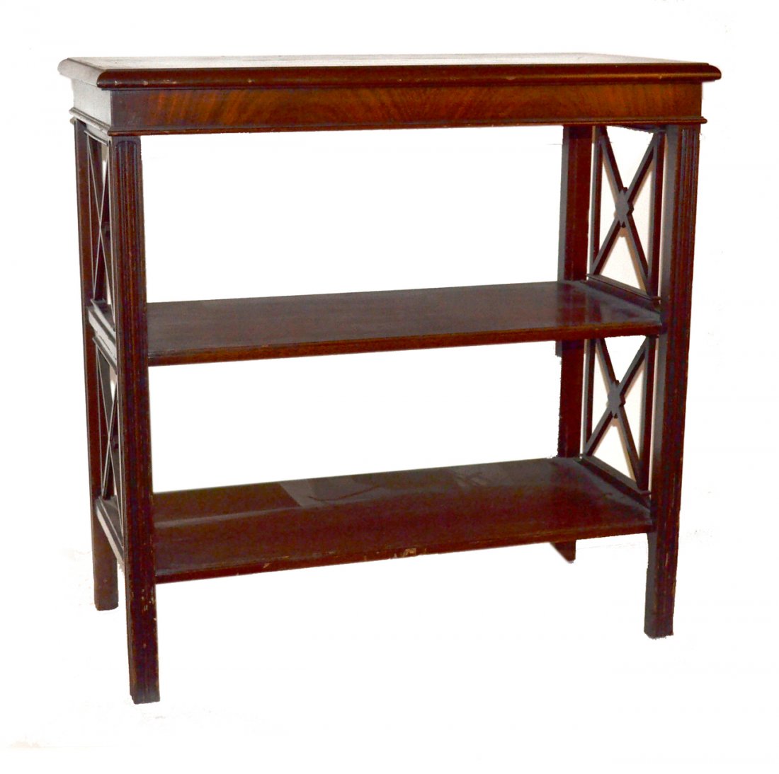 Three-Tier Mahogany Table: Three-tier mahogany table. [28" x 14" x 28" H]. Scratches and wear.