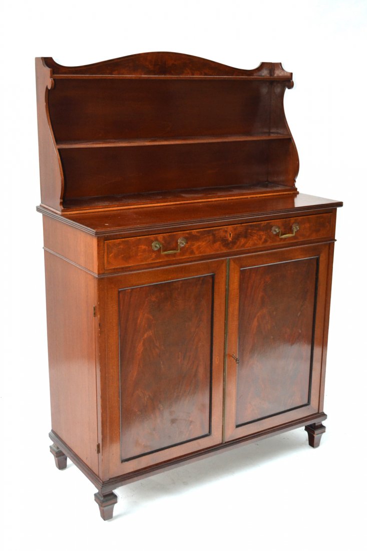 Smith & Watson Server with Shelves: Mahogany two door server having a superstructure top by Smith & Watson, New York. [37" x 17" X 56" H]. Good condition.