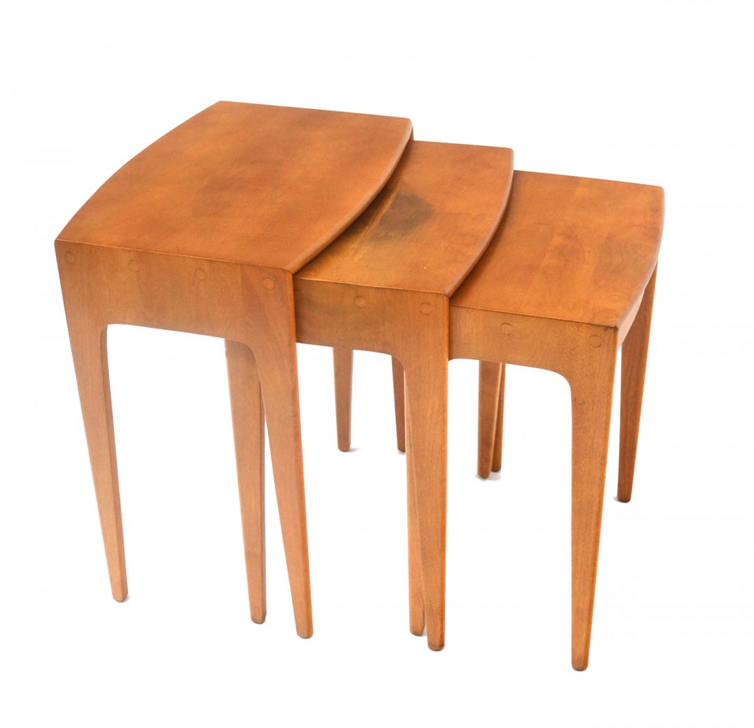 Heywood Wakefield Nesting Tables: American mid century. [Largest 21 1/2" h x 21" w x 15" d]. Middle table bears water stains, otherwise good condition.