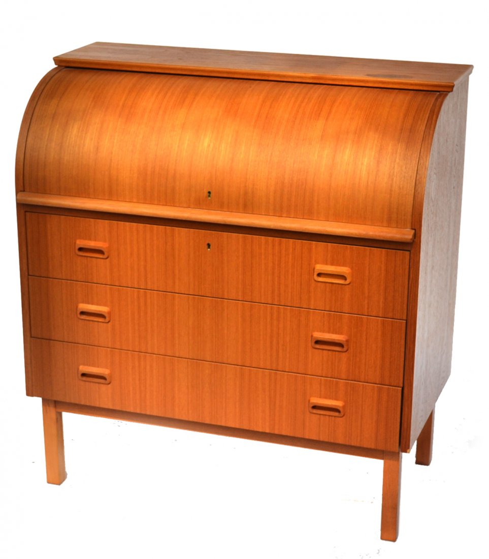 Contemporary Cylinder Roll Desk: Contemporary cylinder roll desk, having a fitted interior stained top right. Overall good condition. [35 1/4" w x 19" d x 38" h].