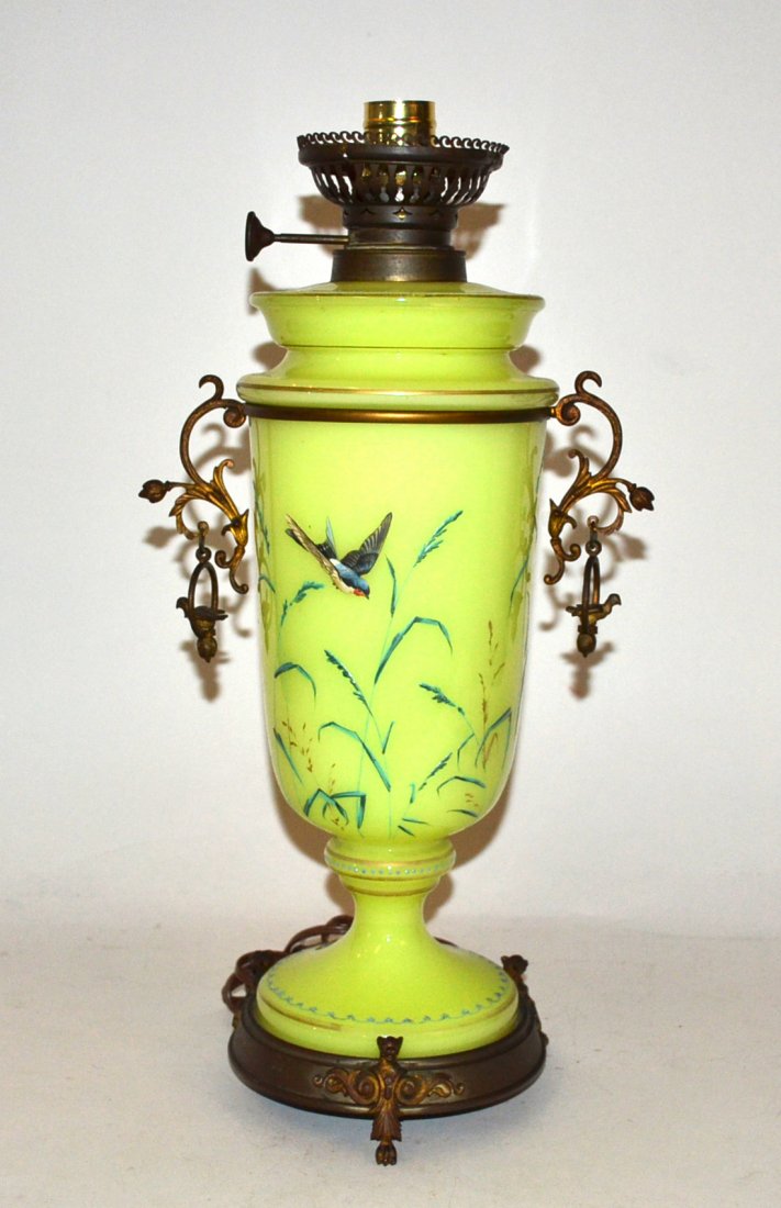 Opaline Hurricane Lamp: Green bird and leaf design opaline hurricane lamp with grape etched design with shades and chimney.