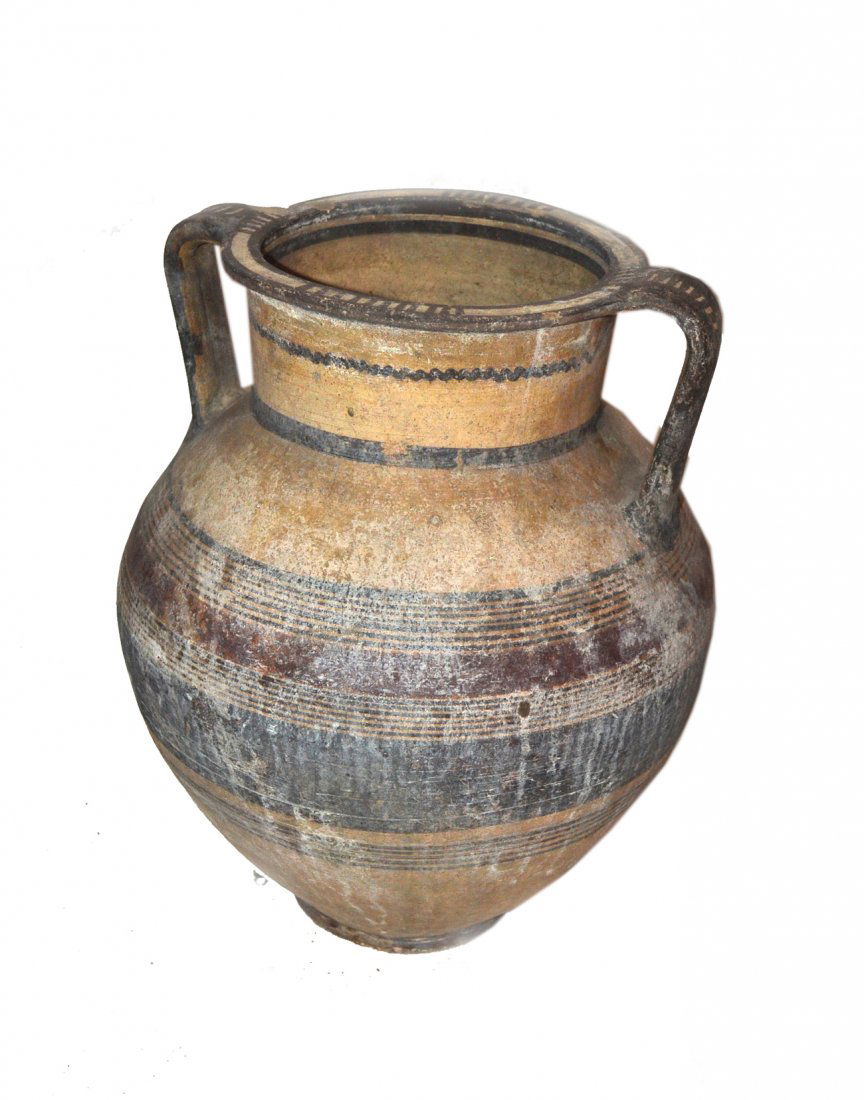 Vintage Meso American Earthenware Vessel: Bears applied handles, horizontal banded decor and ring foot. [10 1/4" d x 14" h]. Staining and wear throughout, complete otherwise.