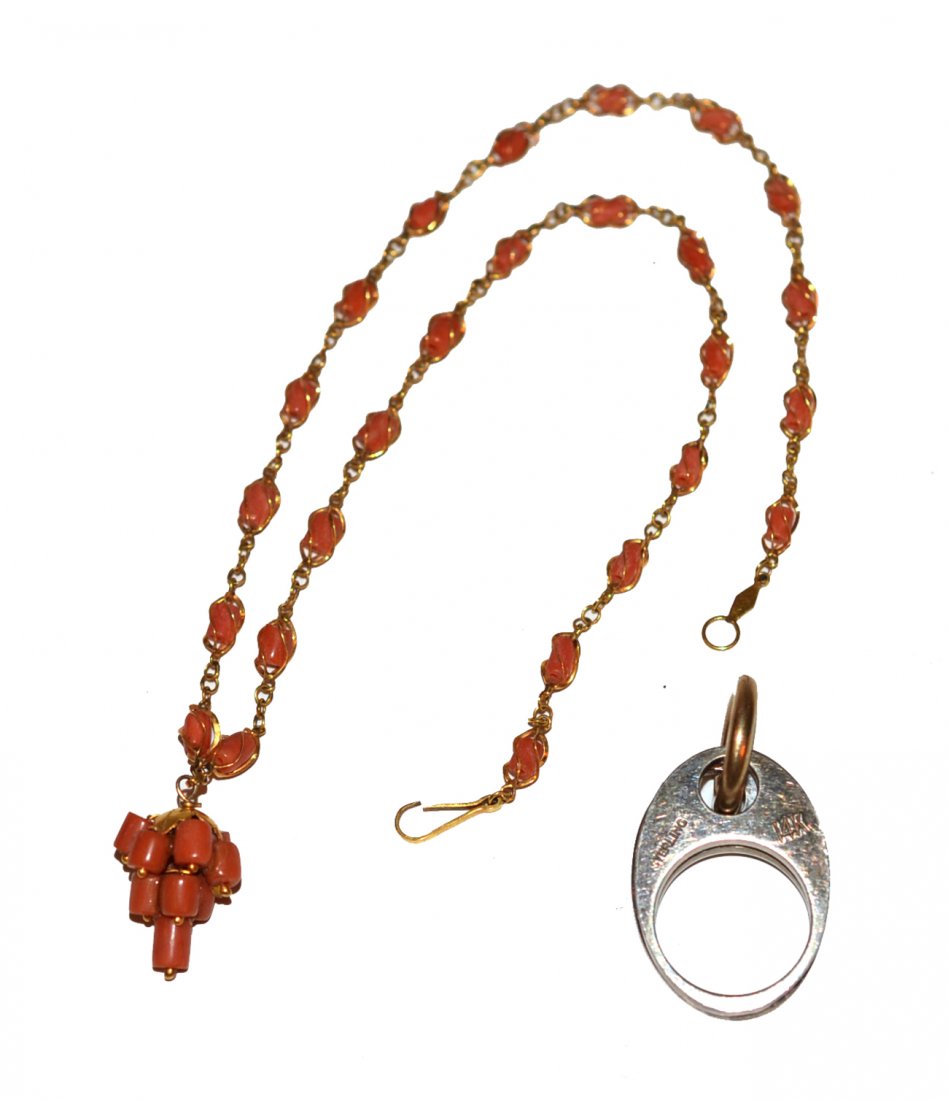 14k Gold Jewelry: Comprises 1) Gold chain link bracelet with beaded coral accents and pendant 2) Gold and sterling ring