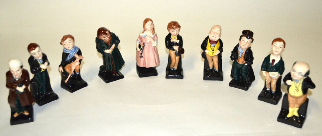 Royal Doulton Set of 10 Figures: "Tiny Tim", "The Artful Dodger", "Oliver Twist", "Fagan", "Scrooge", "Uriah Heep", "Little Nell", "Pickwick", "Micawber", "David Copperfield". In good condition. [4 1/2" H] tallest.