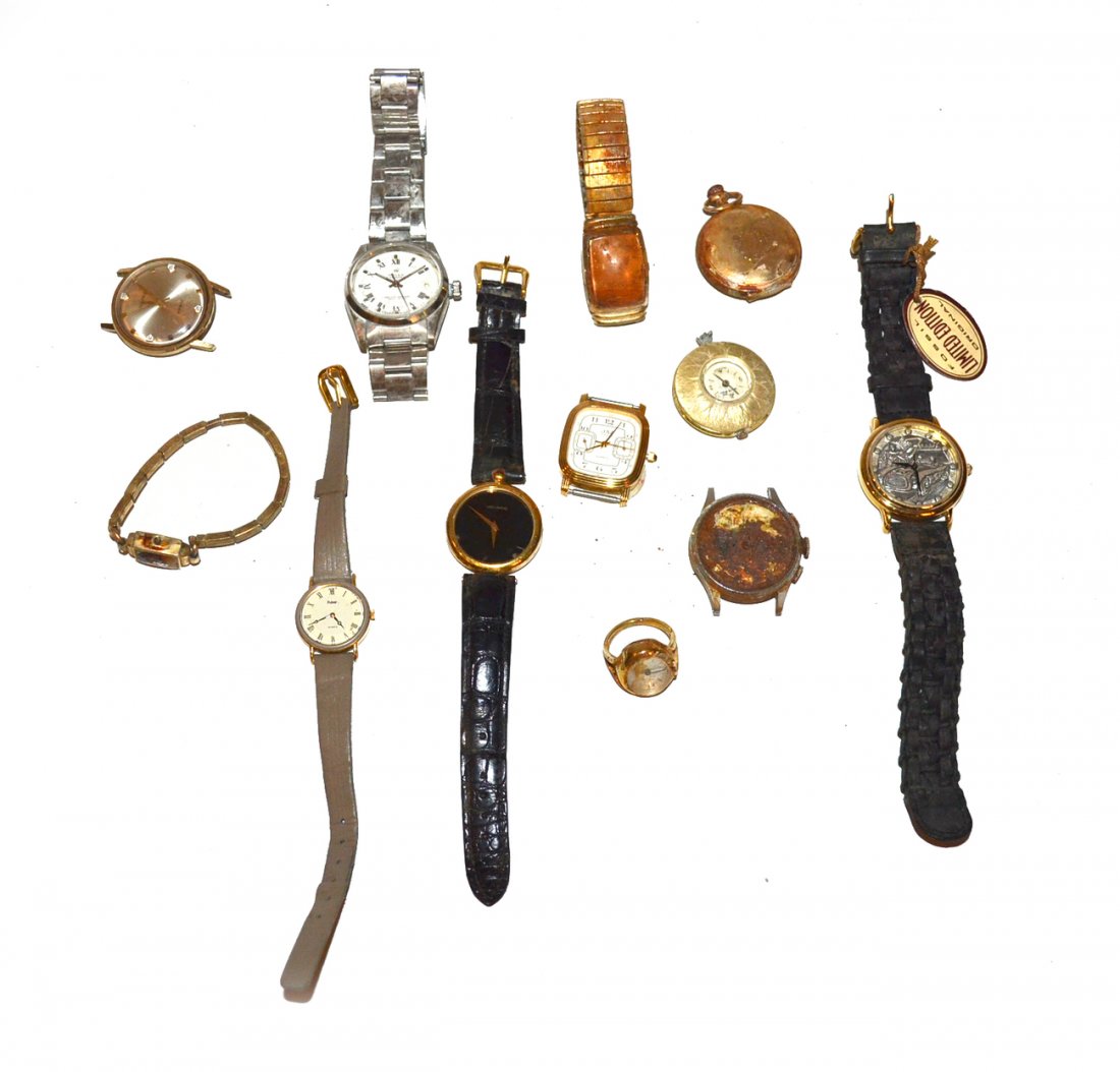 Salvage Wrist and Pocket Watches: Comprises men's, women's, and pocket watches. Makers include: Movado, Fossil, Timex, Jaz and others. Sold "as is", all bear water damage. 12 items.