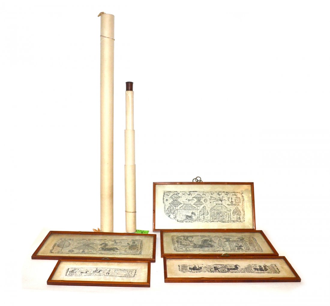 Group of Nine Asian Stone Rubbings: Some framed, others rolled. Includes court scenes, horses, and Imperial porcessions. Image sizes from 3" x 12" to 49 1/2" x 34". Condition vaires, all sold together "as is".