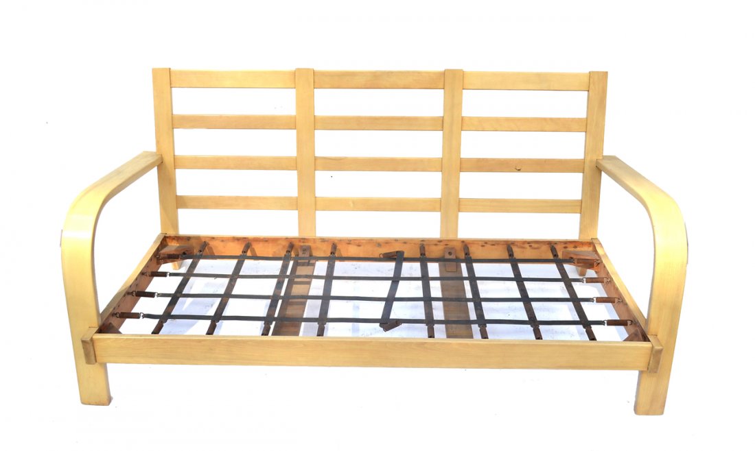 Russel Wright Sofa: Bentwood sofa with slat back (missing slip cushions). 66 1/4" x 35 1/2" x 30 3/4" h [10 5/8" high to seat]. Structurally sound.