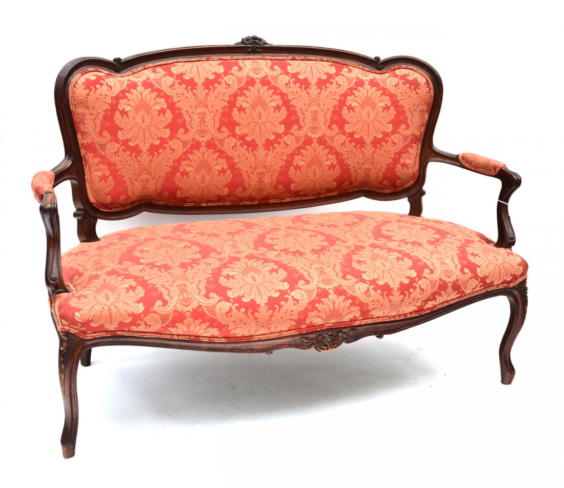 Vintage Louis XVI Style Settee: Open arm mahogany frame settee with carved accents throughout. [54" W x 28 D" x 37 3/4" H, 8" H to seat]. Wear consistent with age and use.