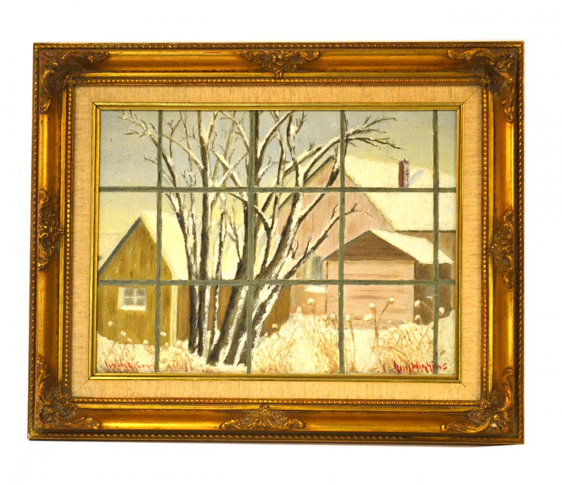Guy C. Wiggins Oil on Canvas: "Farmhouse Winter Scene". Depicts a farmhouse and outbuildings through a pane glass window. Signed bottom right "Guy Wiggins". [Art: 11 3/8" x 15 1/4"]. [Frame: 17" x 21"].